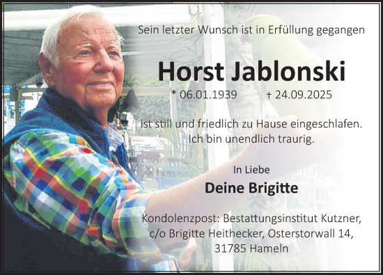 Traueranzeige von Horst Jablonski von Deister- und Weserzeitung