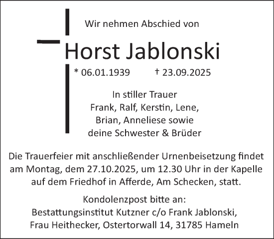 Traueranzeige von Horst Jablonski von Deister- und Weserzeitung