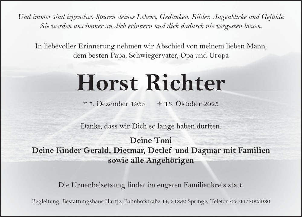  Traueranzeige für Horst Richter vom 18.10.2025 aus Neue Deister-Zeitung