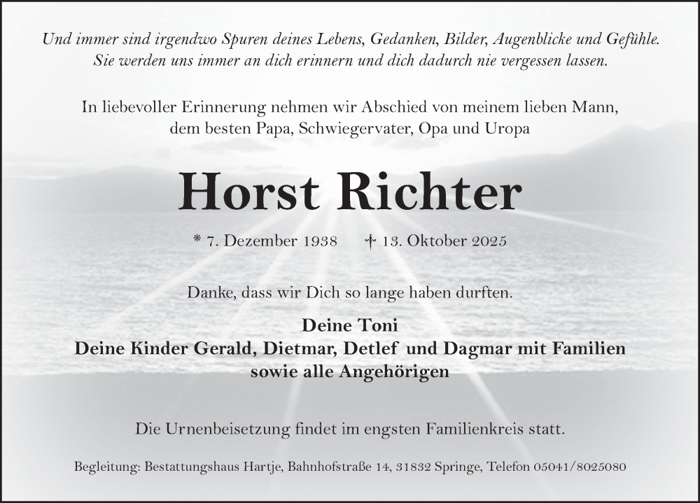  Traueranzeige für Horst Richter vom 18.10.2025 aus Deister- und Weserzeitung