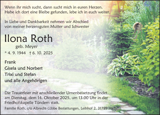 Traueranzeige von Ilona Roth von Deister- und Weserzeitung