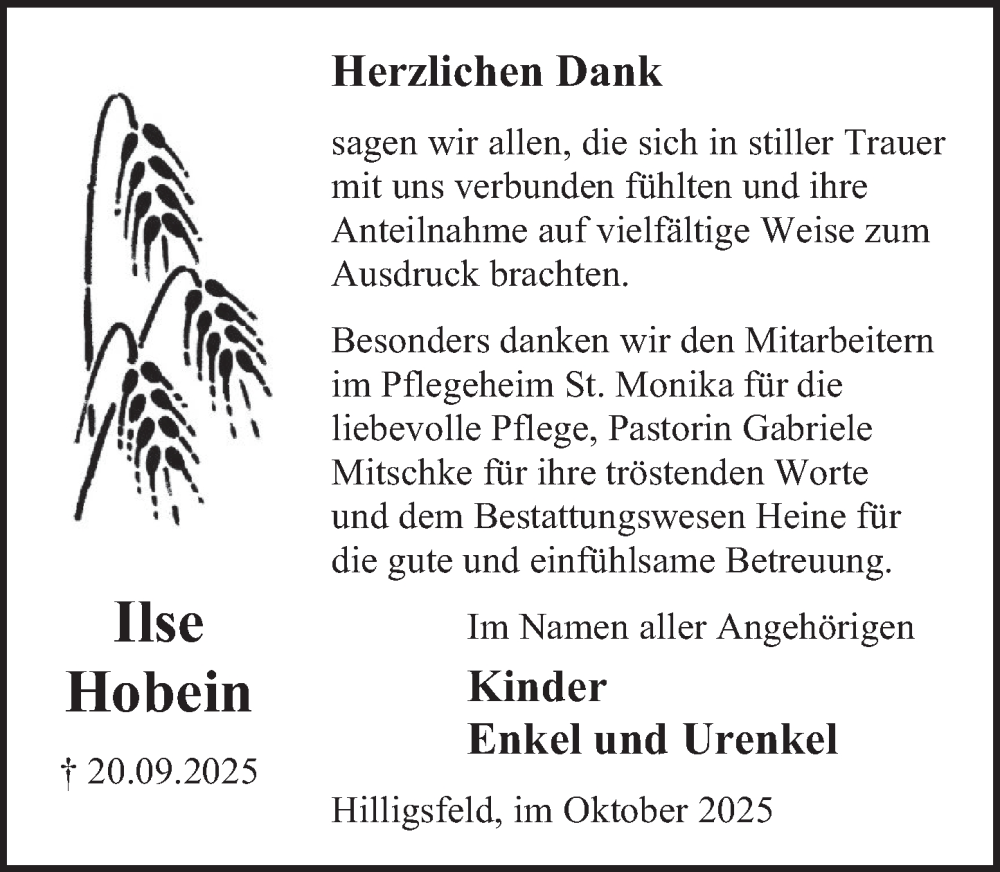  Traueranzeige für Ilse Hobein vom 25.10.2025 aus Deister- und Weserzeitung