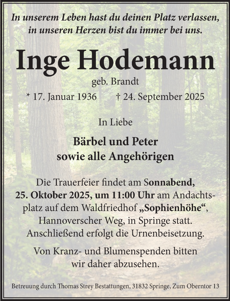  Traueranzeige für Inge Hodemann vom 18.10.2025 aus Neue Deister-Zeitung