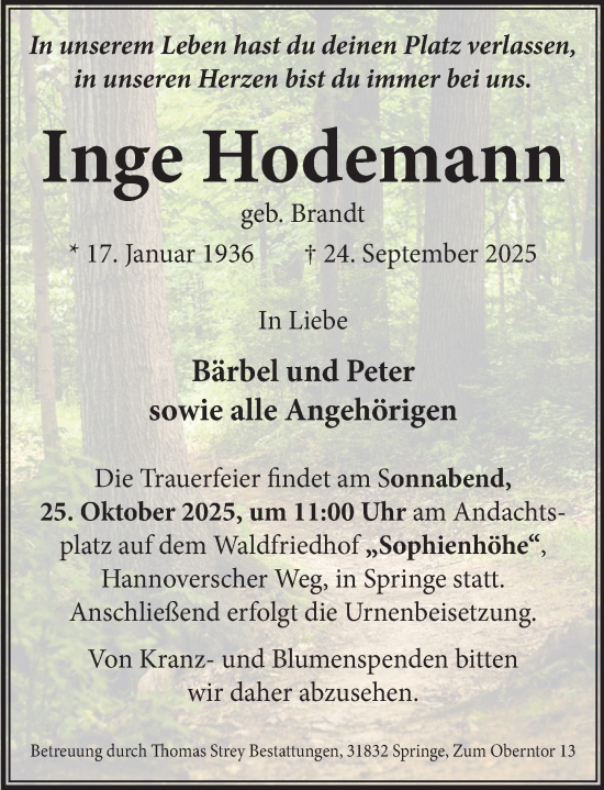 Traueranzeige von Inge Hodemann von Neue Deister-Zeitung