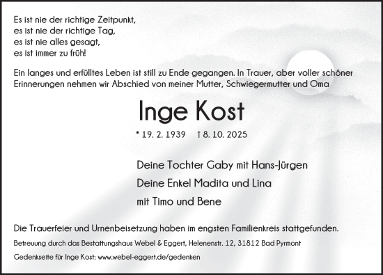 Traueranzeige von Inge Kost von Deister- und Weserzeitung
