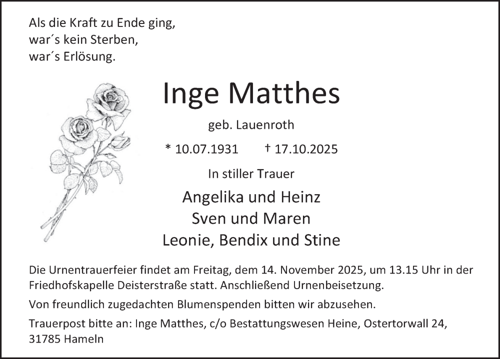  Traueranzeige für Inge Matthes vom 01.11.2025 aus Deister- und Weserzeitung