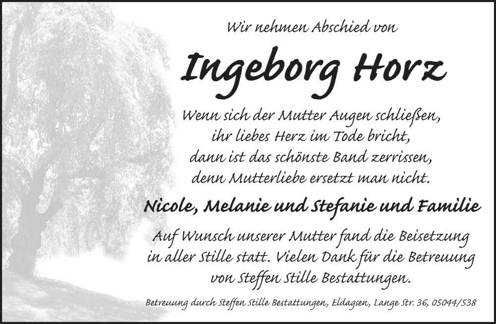  Traueranzeige für Ingeborg Horz vom 18.10.2025 aus Neue Deister-Zeitung