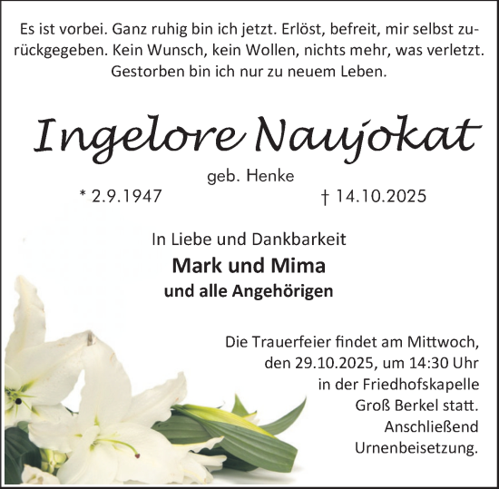 Traueranzeige von Ingelore Naujokat von Deister- und Weserzeitung