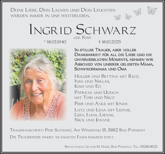 Traueranzeige von Ingrid Schwarz von Deister- und Weserzeitung