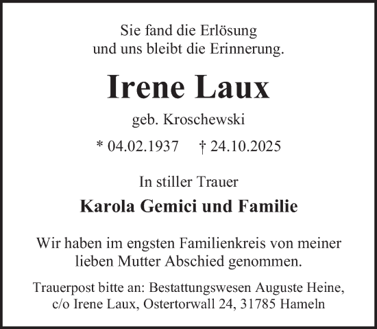 Traueranzeige von Irene Laux von Deister- und Weserzeitung