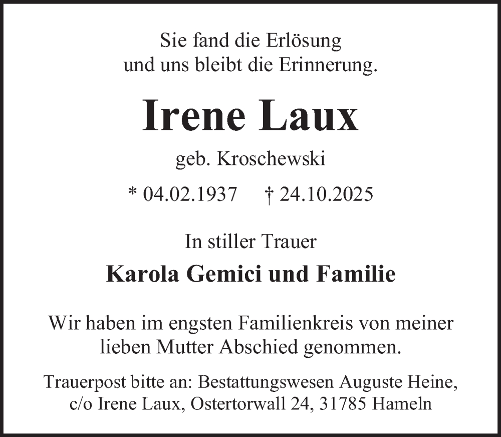  Traueranzeige für Irene Laux vom 01.11.2025 aus Deister- und Weserzeitung