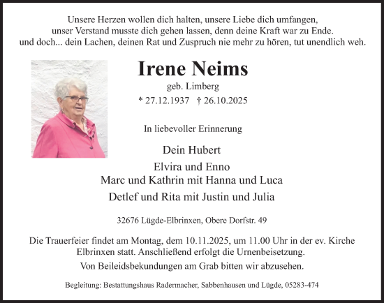 Traueranzeige von Irene Neims von Deister- und Weserzeitung