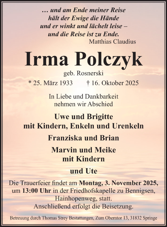 Traueranzeige von Irma Polczyk von Neue Deister-Zeitung