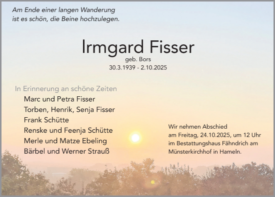 Traueranzeige von Irmgard Fisser von Deister- und Weserzeitung