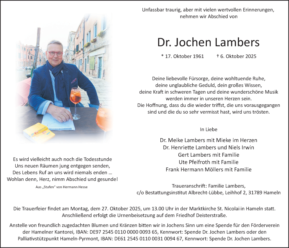  Traueranzeige für Jochen Lambers vom 11.10.2025 aus Deister- und Weserzeitung