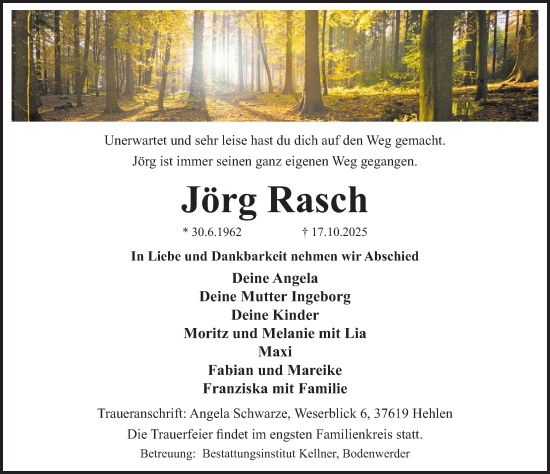 Traueranzeige von Jörg Rasch von Deister- und Weserzeitung