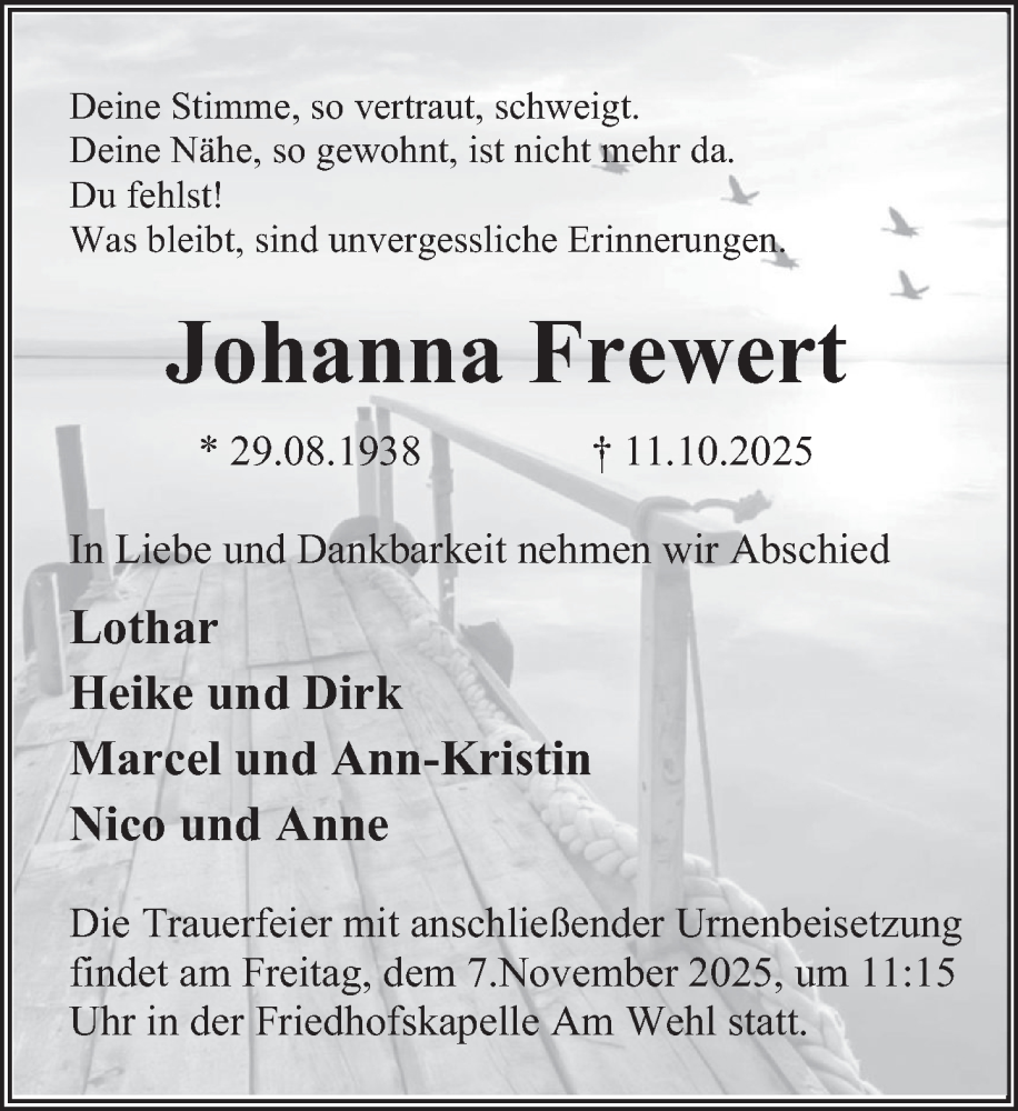  Traueranzeige für Johanna Frewert vom 01.11.2025 aus Deister- und Weserzeitung