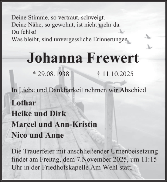Traueranzeige von Johanna Frewert von Deister- und Weserzeitung