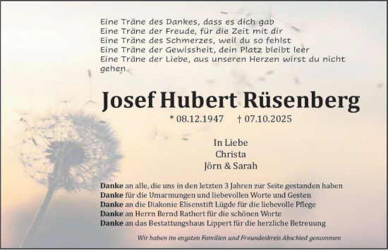 Traueranzeige von Josef Hubert Rüsenberg von Deister- und Weserzeitung