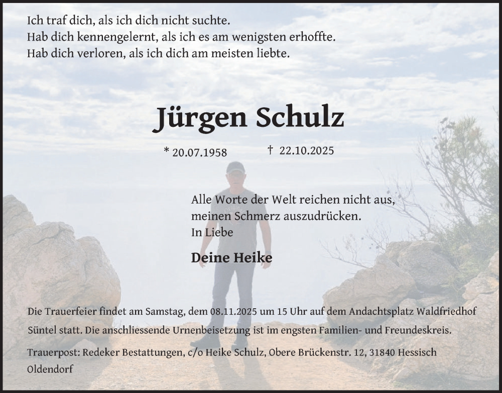  Traueranzeige für Jürgen Schulz vom 01.11.2025 aus Deister- und Weserzeitung