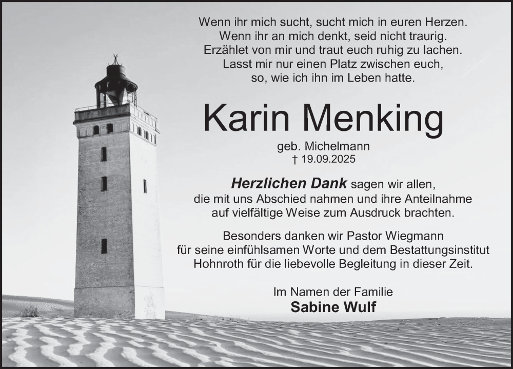  Traueranzeige für Karin Menking vom 25.10.2025 aus Deister- und Weserzeitung