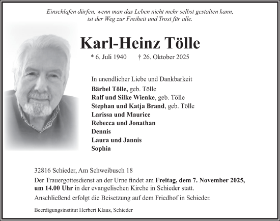 Traueranzeige von Karl-Heinz Tölle von Deister- und Weserzeitung