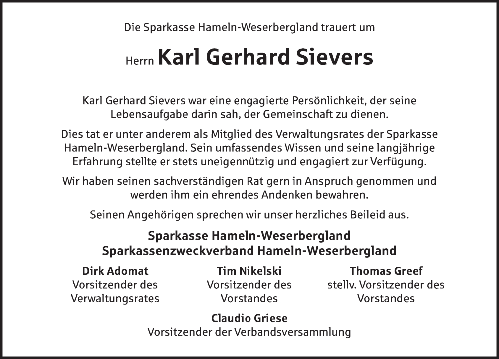  Traueranzeige für Karl Gerhard Sievers vom 25.10.2025 aus Deister- und Weserzeitung
