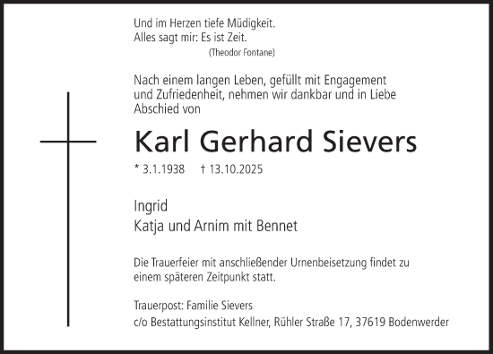 Traueranzeige von Karl Gerhard Sievers von Deister- und Weserzeitung