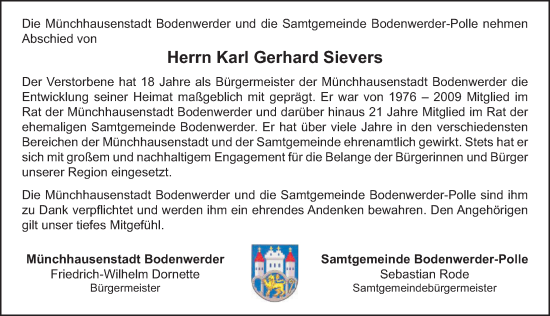 Traueranzeige von Karl Gerhard Sievers von Deister- und Weserzeitung