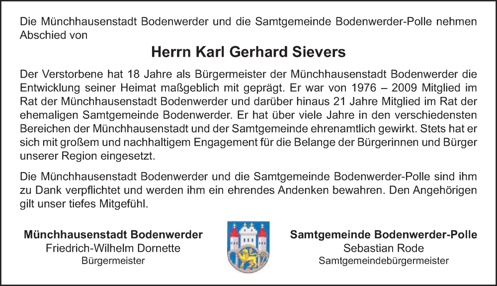  Traueranzeige für Karl Gerhard Sievers vom 25.10.2025 aus Deister- und Weserzeitung