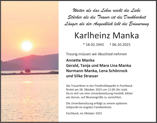 Traueranzeige von Karlheinz Manka von Deister- und Weserzeitung