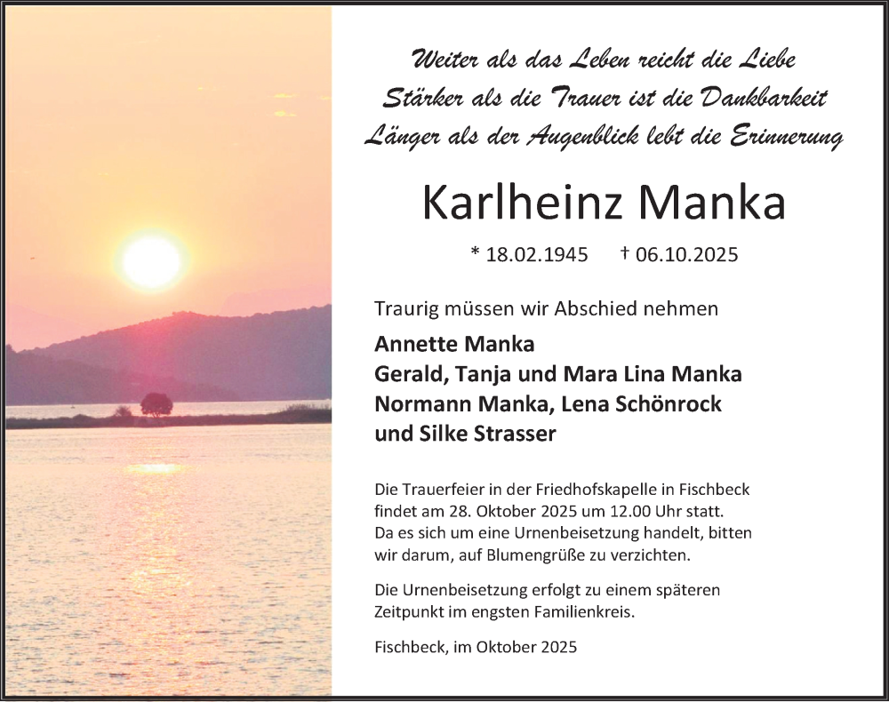  Traueranzeige für Karlheinz Manka vom 18.10.2025 aus Deister- und Weserzeitung