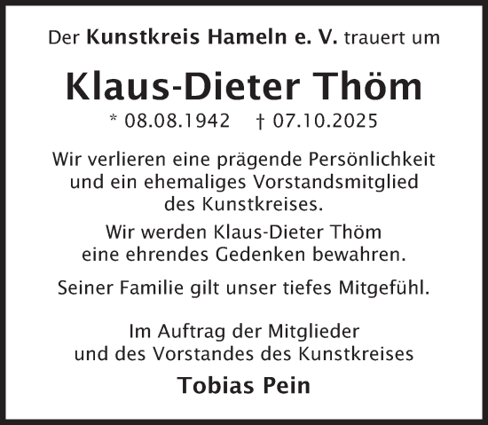 Traueranzeige von Klaus-Dieter Thöm von Deister- und Weserzeitung