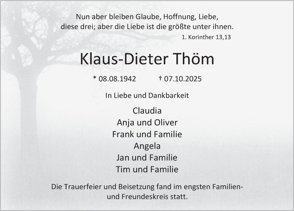  Traueranzeige für Klaus-Dieter Thöm vom 18.10.2025 aus Deister- und Weserzeitung