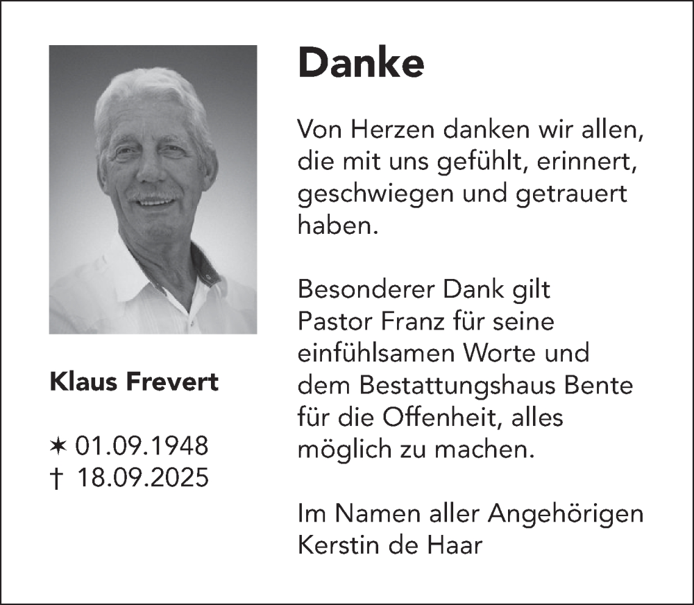  Traueranzeige für Klaus Frevert vom 25.10.2025 aus Deister- und Weserzeitung