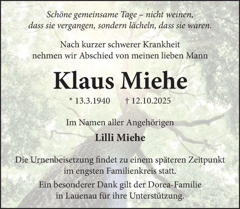  Traueranzeige für Klaus Miehe vom 18.10.2025 aus Neue Deister-Zeitung