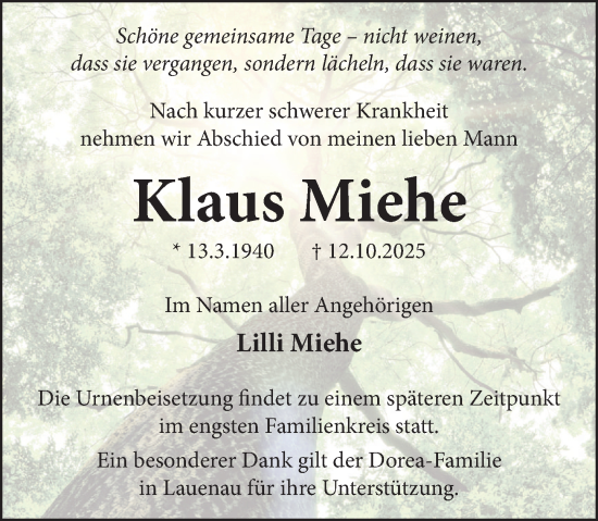 Traueranzeige von Klaus Miehe von Neue Deister-Zeitung