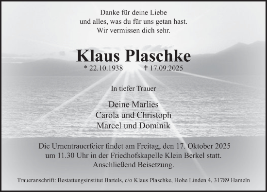 Traueranzeige von Klaus Plaschke von Deister- und Weserzeitung