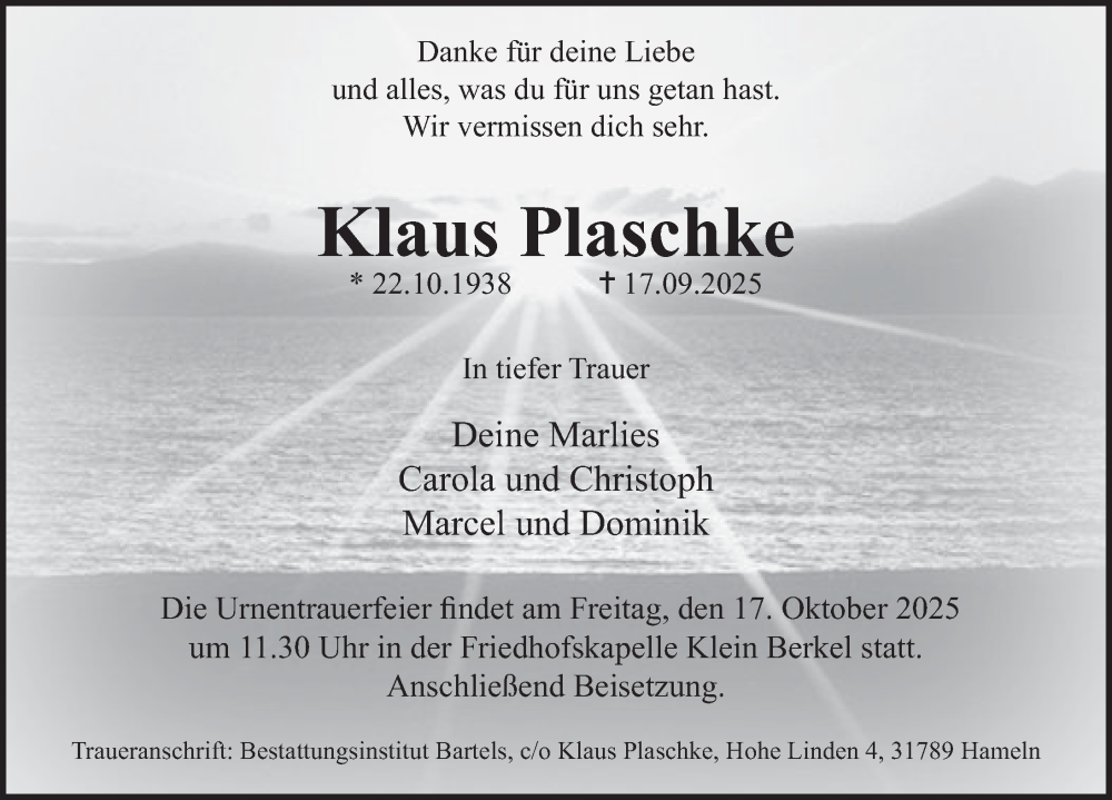  Traueranzeige für Klaus Plaschke vom 11.10.2025 aus Deister- und Weserzeitung