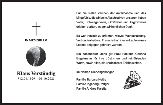 Traueranzeige von Klaus Verständig von Deister- und Weserzeitung