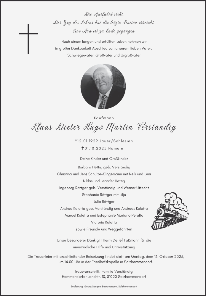  Traueranzeige für Klaus Dieter Hugo Martin Verständig vom 11.10.2025 aus Deister- und Weserzeitung