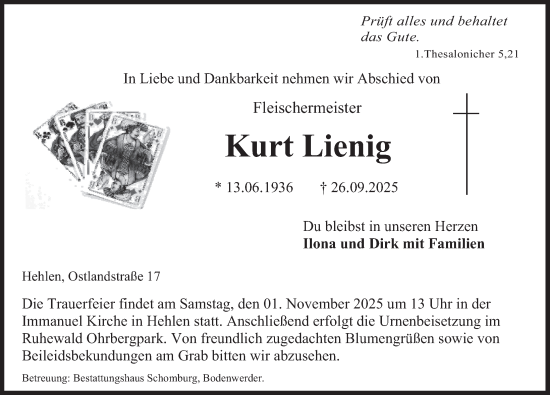 Traueranzeige von Kurt Lienig von Deister- und Weserzeitung