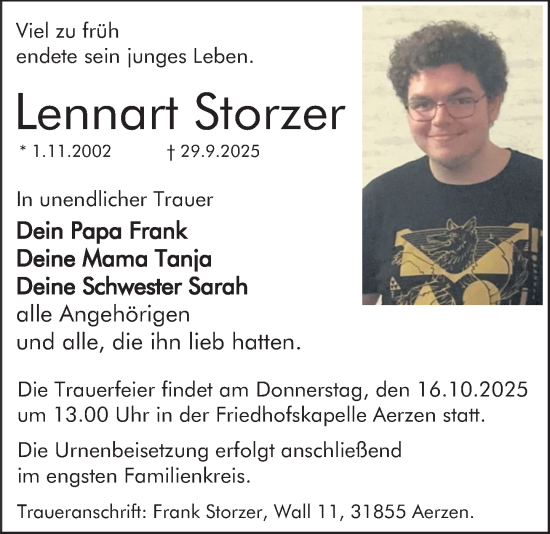 Traueranzeige von Lennart Storzer von Deister- und Weserzeitung