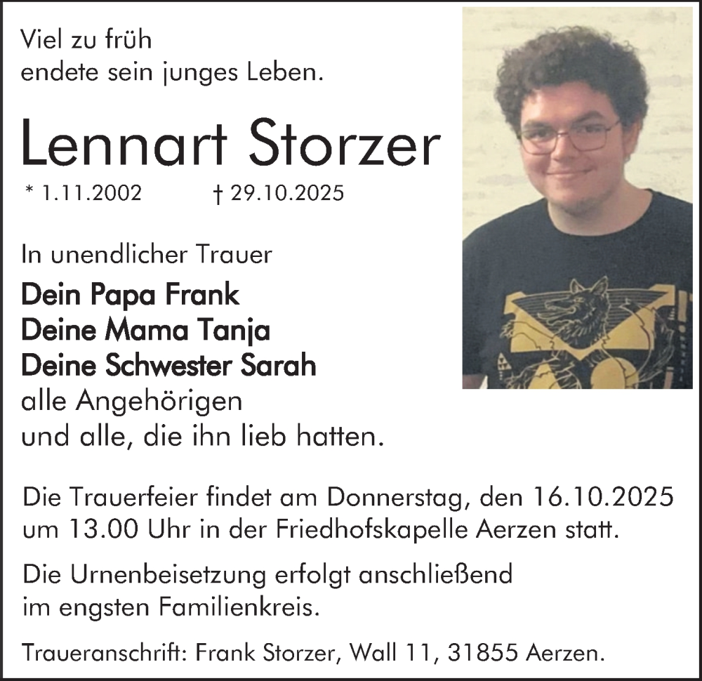  Traueranzeige für Lennart Storzer vom 11.10.2025 aus Deister- und Weserzeitung