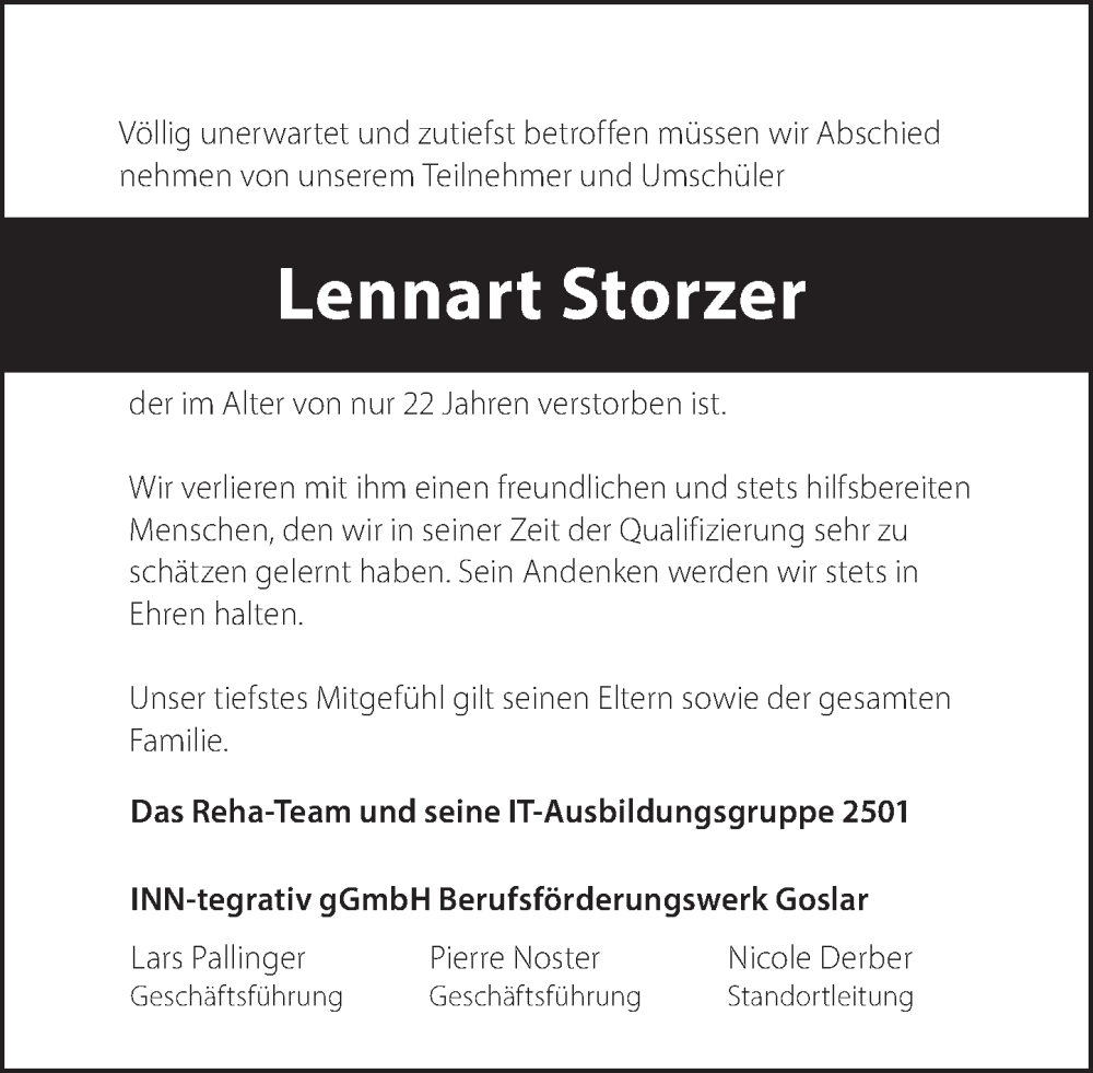  Traueranzeige für Lennart Storzer vom 15.10.2025 aus Deister- und Weserzeitung