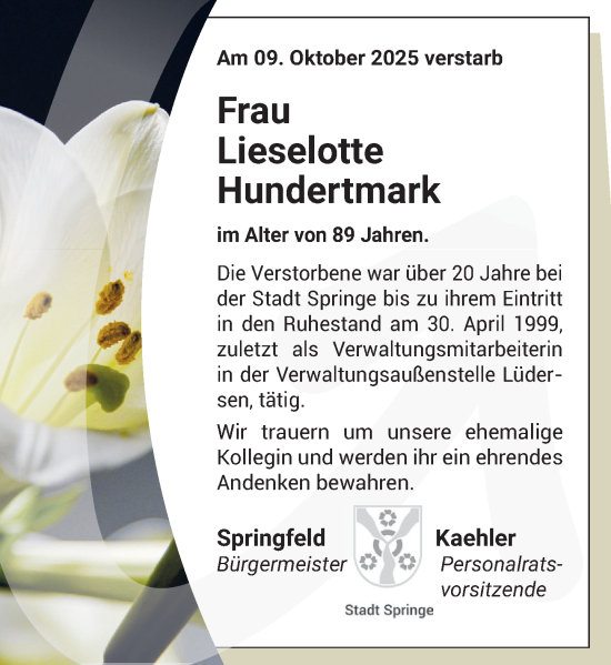 Traueranzeige von Lieselotte Hundertmark von Neue Deister-Zeitung