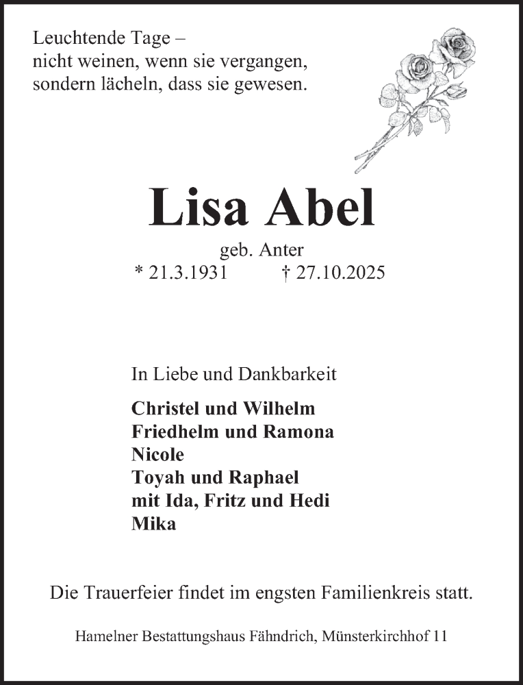  Traueranzeige für Lisa Abel vom 01.11.2025 aus Deister- und Weserzeitung