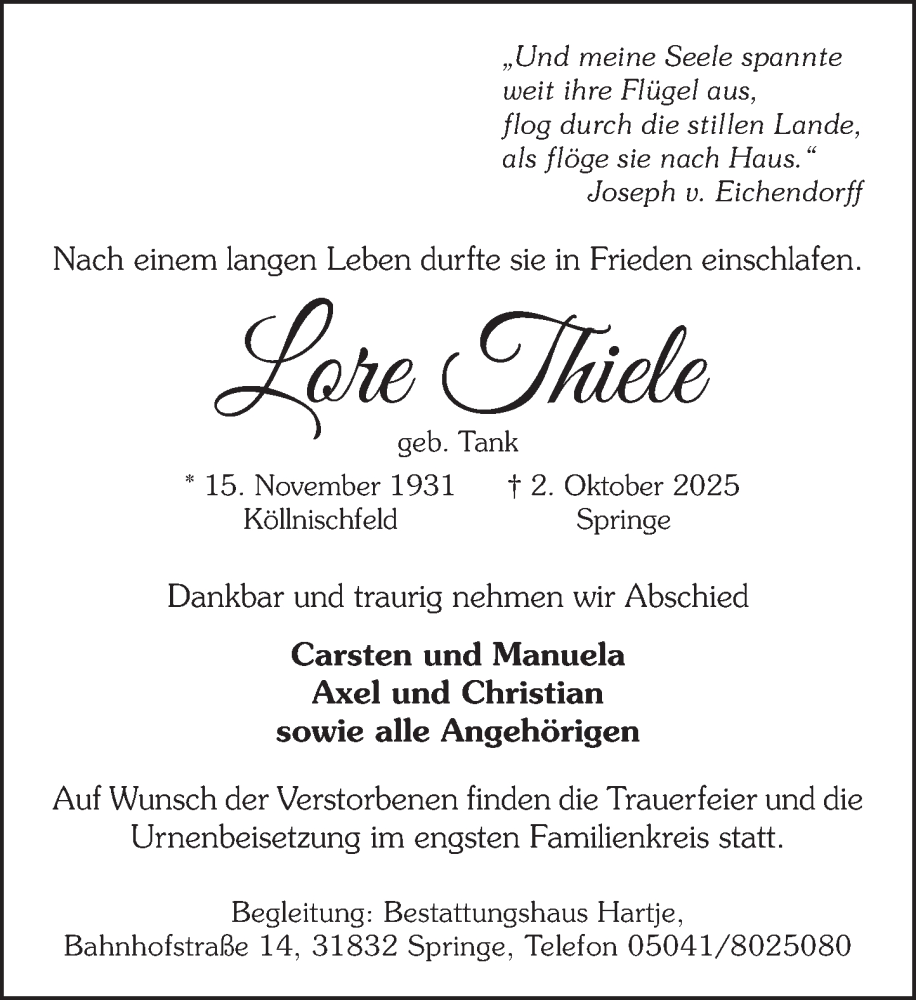  Traueranzeige für Lore Thiele vom 11.10.2025 aus Neue Deister-Zeitung