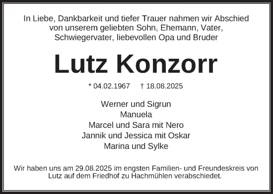 Traueranzeige von Lutz Konzorr von Neue Deister-Zeitung