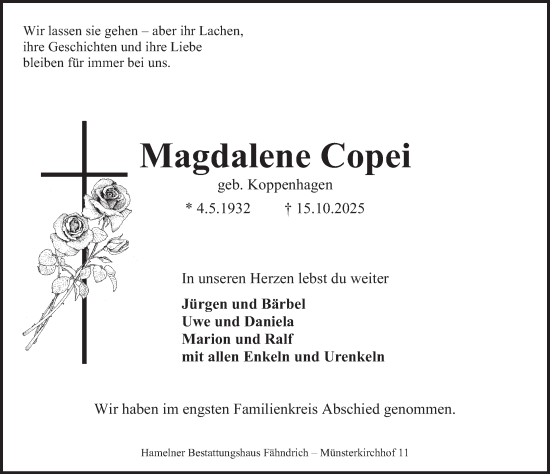 Traueranzeige von Magdalene Copei von Deister- und Weserzeitung